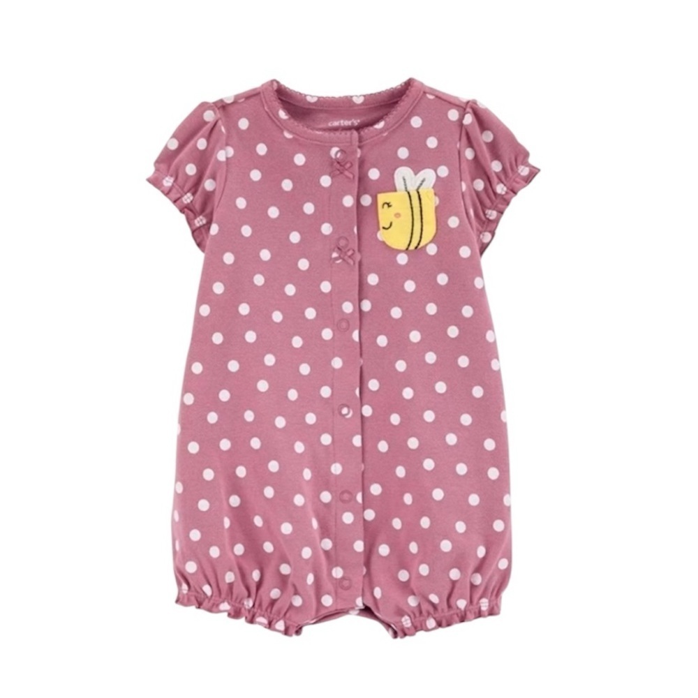 ❤️ CARTERS BABY Purple Romper with White Dots and Bee Patch Onsie 9 Months